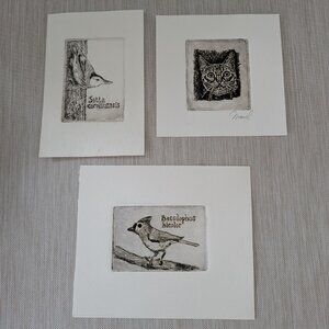 NEW - Set of 3 Intaglio Prints Birds and Cat - Handcrafted - Artwork - Signed